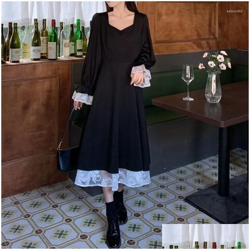 Basic & Casual Dresses Casual Dresses Fat Mm Dress Womens 2023Spring And Autumn French Retro Hepburn Style Black Vestidos Lace Long F Dhidx