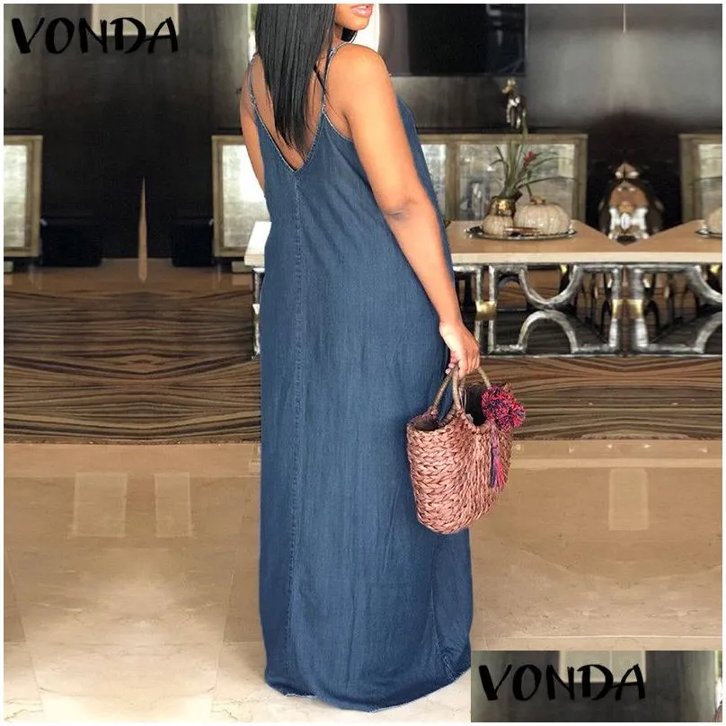 Basic & Casual Dresses Y Beach Denim Maxi Long Dress Women V Neck Strapless Backless Casual Loose Solid Clothes Plus Size Floor-Lengt Dhu5C