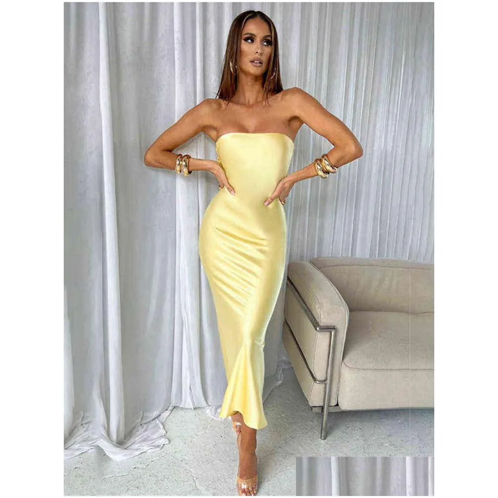 Basic & Casual Dresses Woman Solid Backless Satin Tube Top Dress Y Tight Nightclub Girl Clothes 2022 Summer Fashion Strapless Slim T2 Dh6Bx