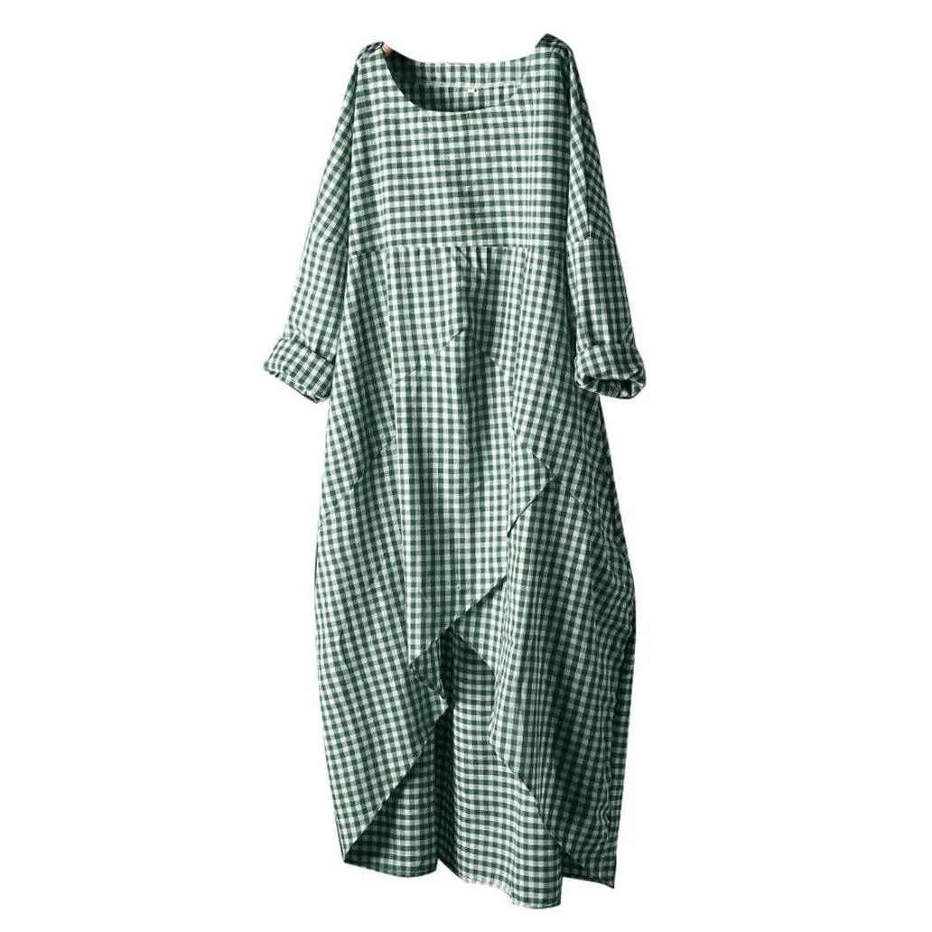 Basic & Casual Dresses Summer Dress Fashion Women Plus Size Loose Fl Sleeve Plaid Long Dresses Casual Lattice Cotton And Linen Easy M Dhnad