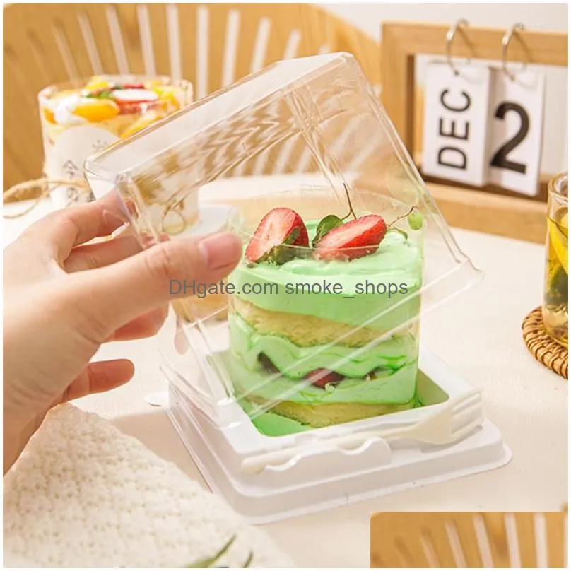 gift wrap 50pcs transparent square cake box mousse dessert packaging with spoon wedding party pastry container holder