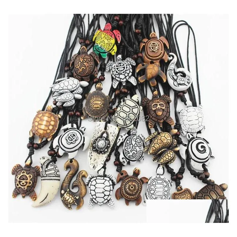 Pendant Necklaces Mixed Jewelry Wholesale Lots 25Pcs Imitation Yak Bone Carved Lucky Surfing Sea Turtles Pendants Necklace Drop Deliv Dh1Qv