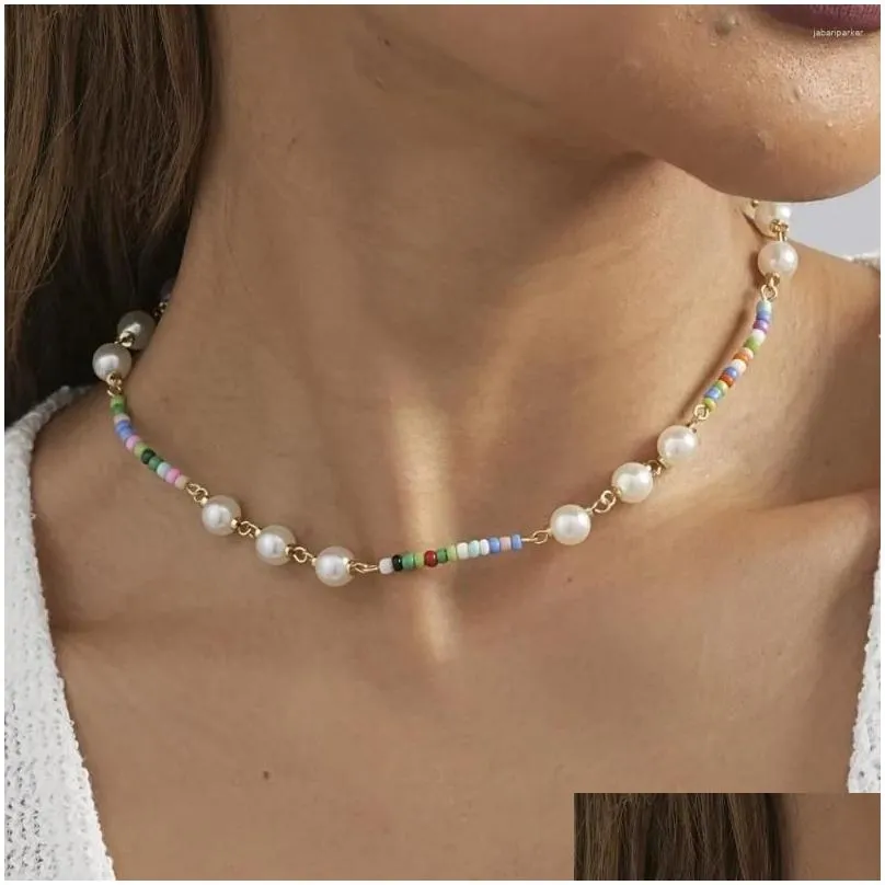 choker colorful rice beads round imitation pearl necklace for women creative retro ladies party gift jewelry wholesale direct sales