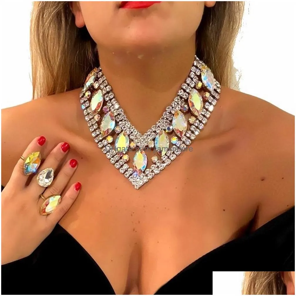 Chokers Stonefans Ab Color Rhinestone V Shape Necklace Choker For Women Summer Accessories Statement Crystal Luxury Jewelry Drop Deli Dhuf9