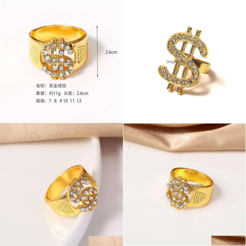 Band Rings Fashion Rock Crystal Dollar Ring Wholesale Hip Hop Jewelry Iced Out Bling Gold Color Us Sign Signets Rings For Men Drop De Dhd2J