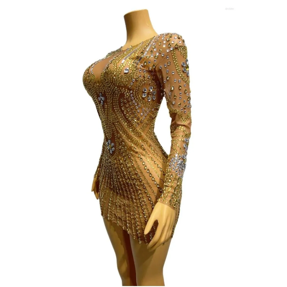 stage wear luxury gold rhinestone mesh stretch sexy tight fitting short dress bar singer performance party celebrate costume