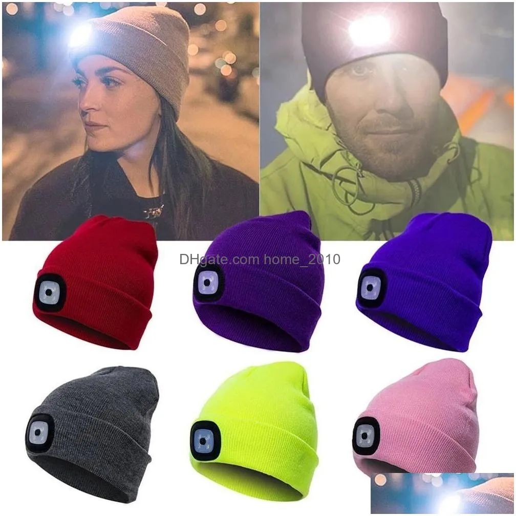 unisex outdoor cycling hiking led light knitted hat winter elastic beanie cap hat with lighting xmas gift