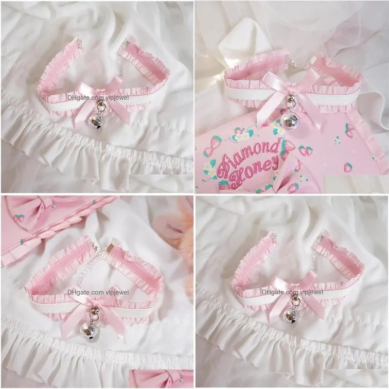 necklaces sweet heart pink lace pu cross bownot choker lolita maid cosplay women necklace d733