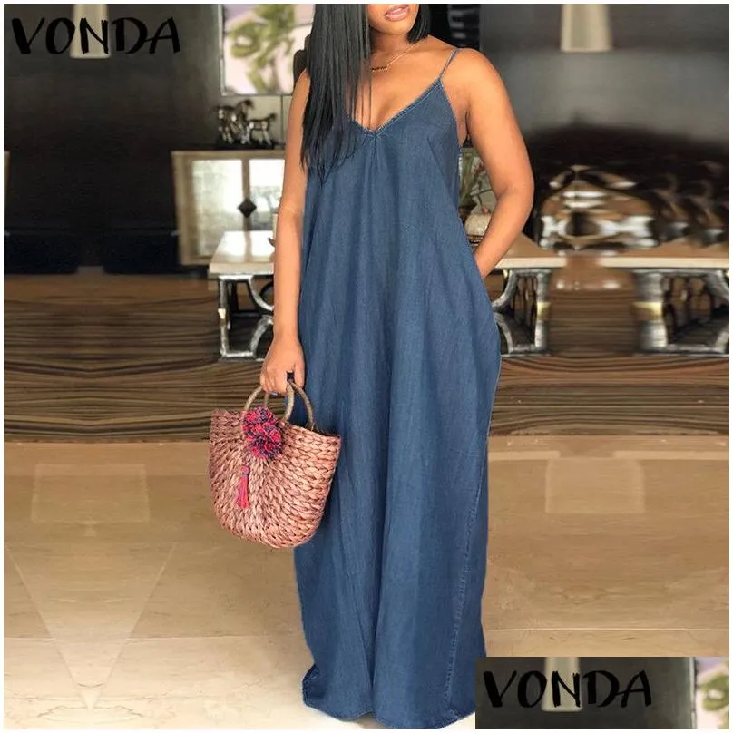 Basic & Casual Dresses Y Beach Denim Maxi Long Dress Women V Neck Strapless Backless Casual Loose Solid Clothes Plus Size Floor-Lengt Dhu5C