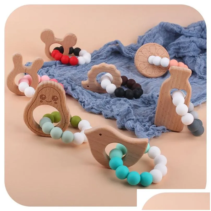 new design beech wooden silicone baby infant teething bracelet avocado chew rodent teether toy