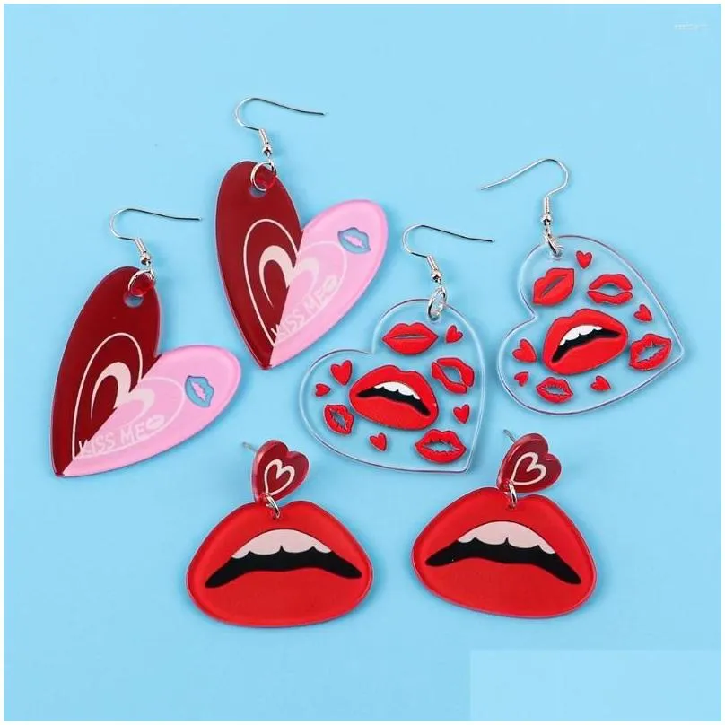 dangle earrings fishsheep valentine`s pink acrylic heart love for women red lips shape long girls jewelry gifts