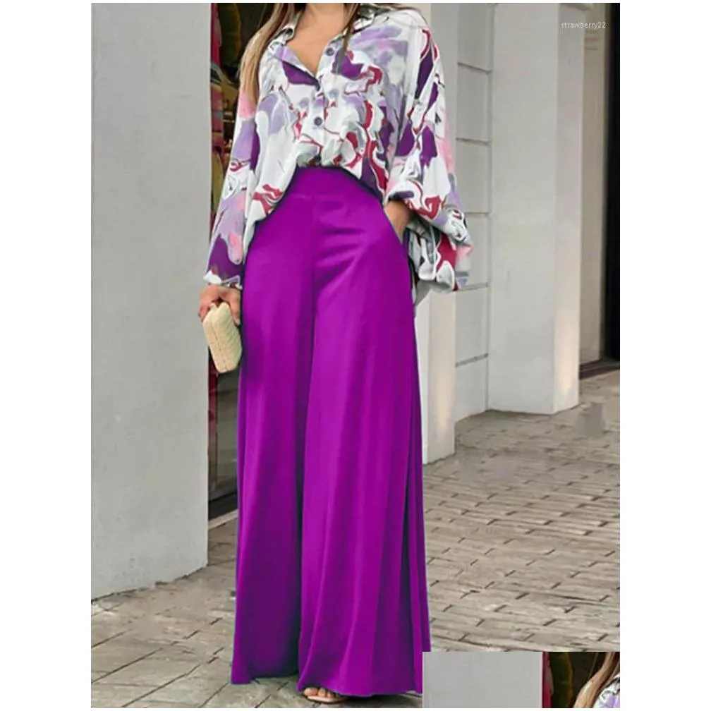 Women`S Two Piece Pants Womens Two Piece Pants Casual Loose Sets Summer Vintage Boho Print Shirt Wide Leg Female Suits 2023 Fashion E Dhbyy