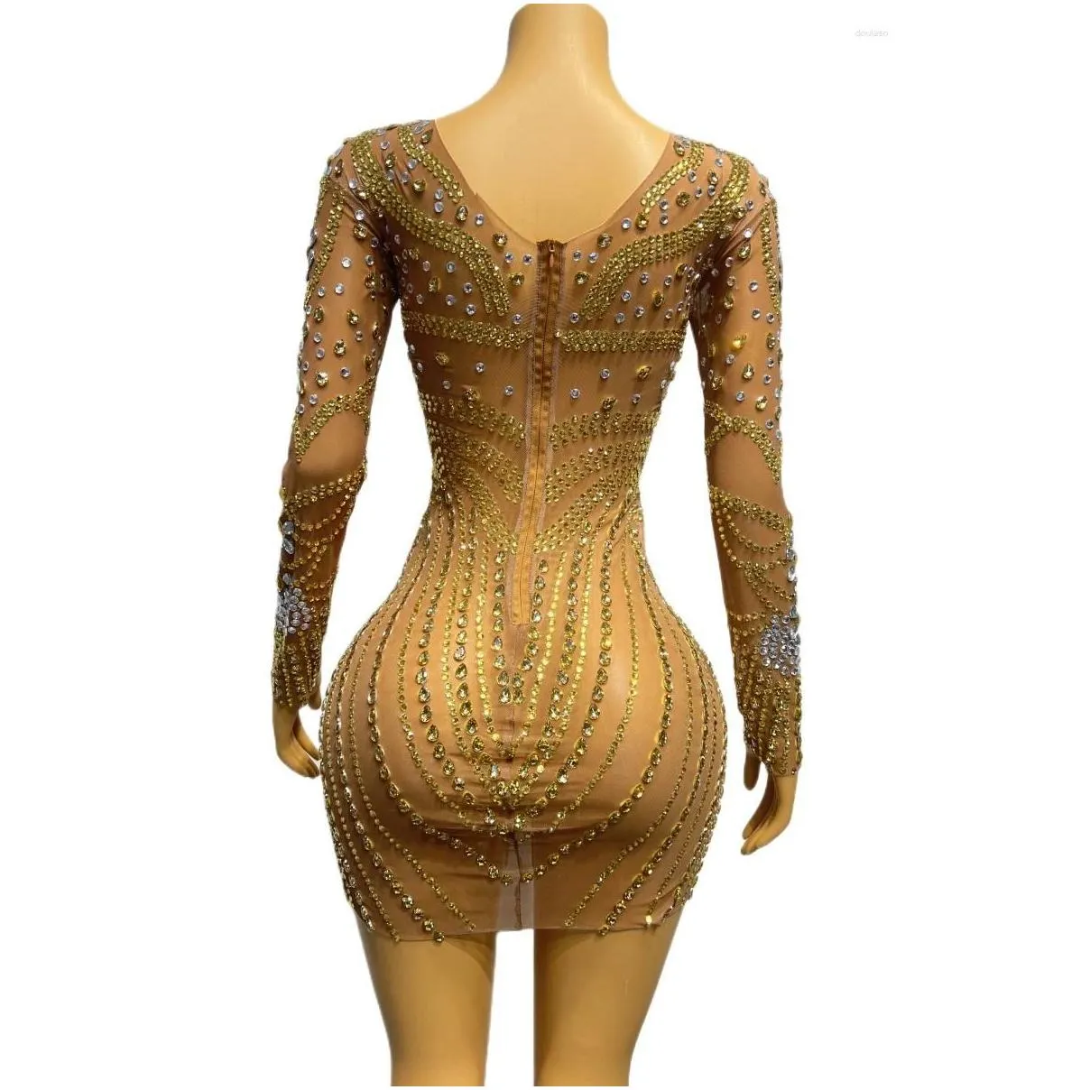 stage wear luxury gold rhinestone mesh stretch sexy tight fitting short dress bar singer performance party celebrate costume