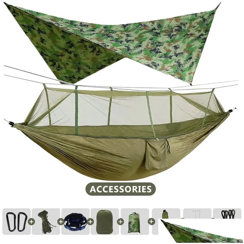 hammocks 260x140cm outdoor double camping hammock with mosquito net and rain fly tarp lightweight parachute hammocks for travel hiking
