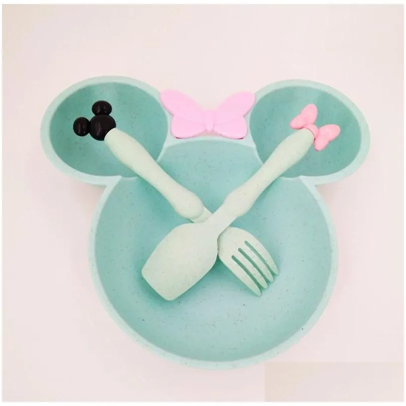 3pcs wheat straw baby cartoon tableware set children`s dishes kids dinner platos baby feeding plate training bowl spoon fork