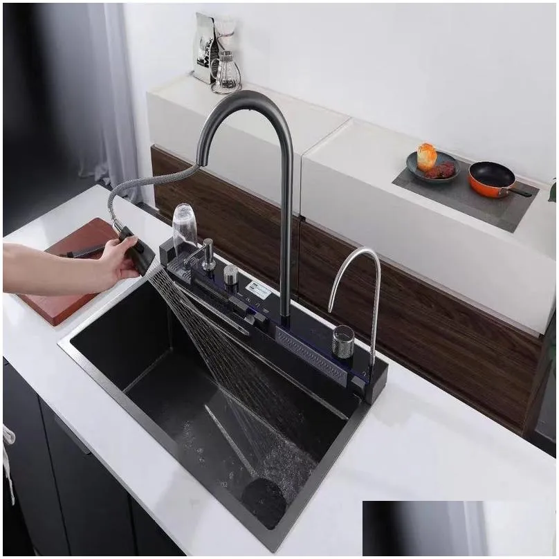 stainless steel waterfall kitchen sink large single slot integrated digital display faucet set soap dispenser cup washer