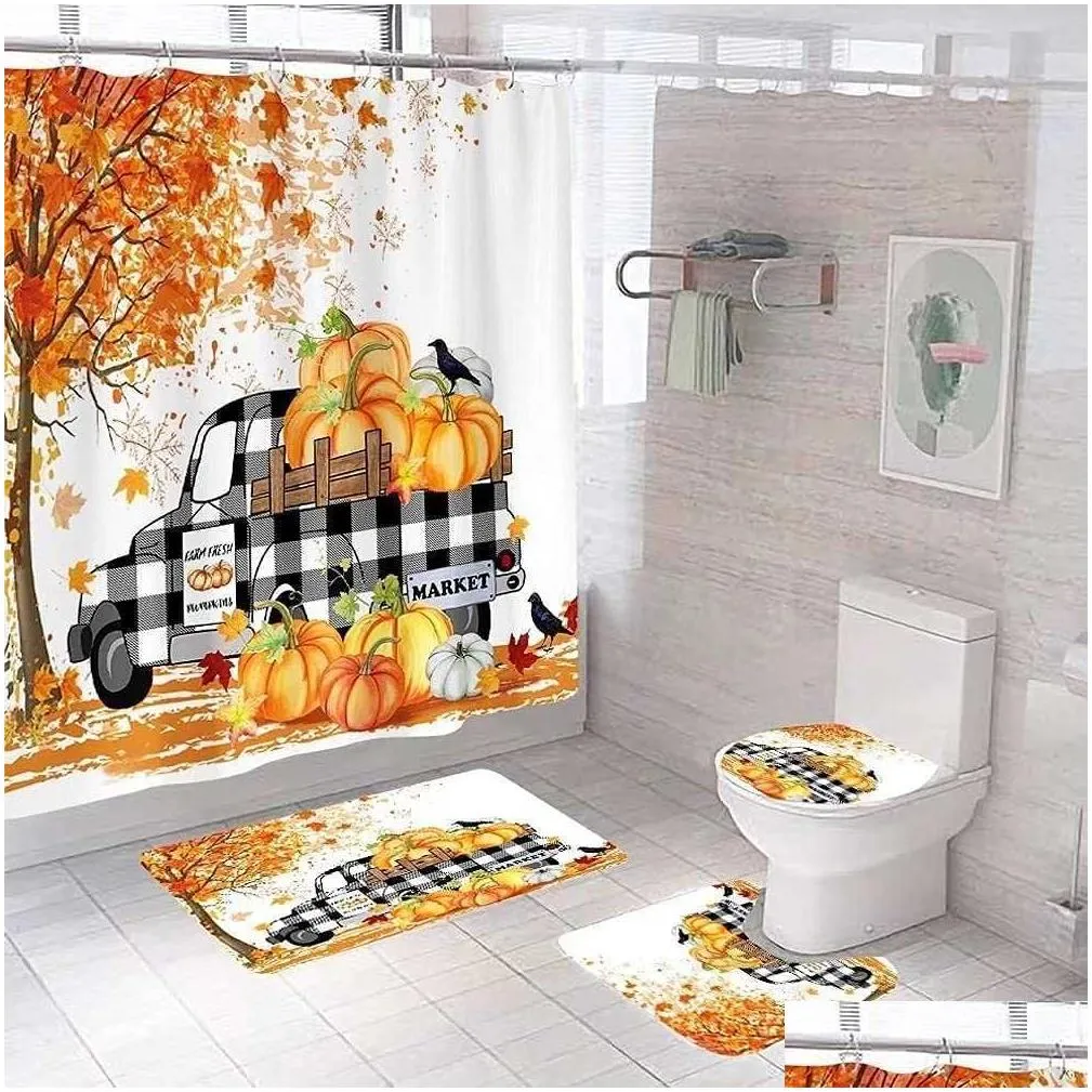 shower curtains shower curtain set thanksgiving pumpkins fall leaves november season with non-slip rugs toilet lid cover bath mat bathroom set