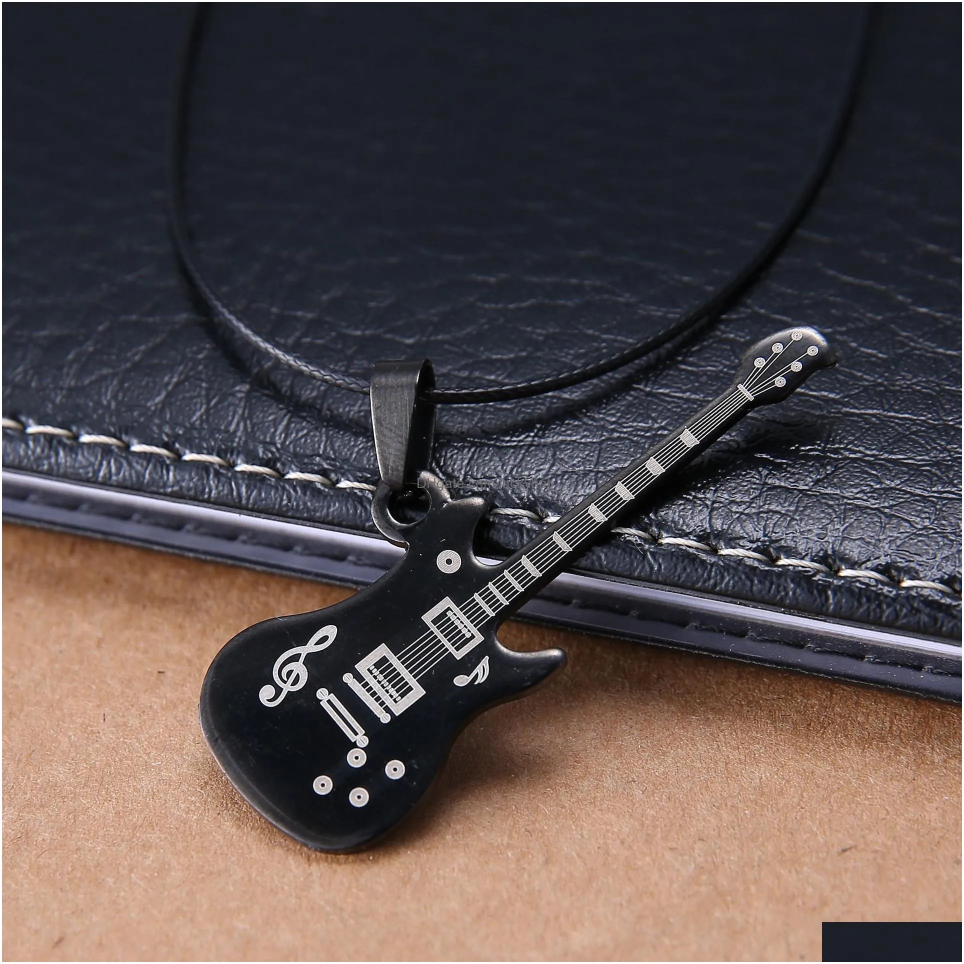 Pendant Necklaces Fashion 316L Stainless Steel Guitar Necklace For Men Pendants Leather Chain Man Necklaces Drop Delivery Jewelry Neck Dhvaj