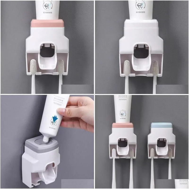 bath accessory set wall mount toothpaste holder toothbrush rack squeezer adhesive automatic dispenser