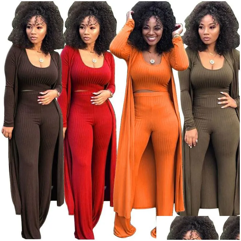 Women`S Two Piece Pants Elegant Strech Three Leisure Pants Suits Rib Knit Palazzo 3 Set Women Tank Top X Long Sleeve Cardigan Coat Cl Dhzrj