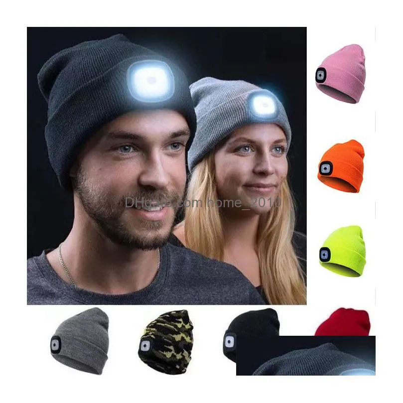 unisex outdoor cycling hiking led light knitted hat winter elastic beanie cap hat with lighting xmas gift