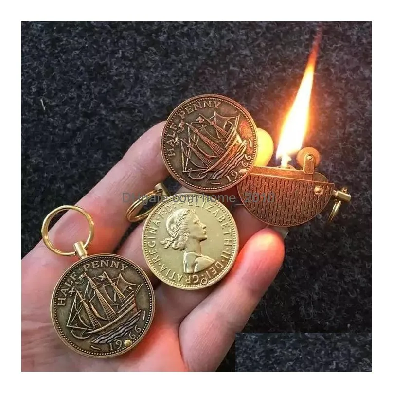  funny gadget gasoline kerosene lighter retro coin keychain smoking igniter exquisite gift portable cute wly935