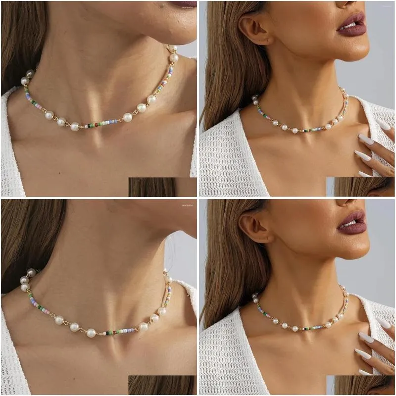 choker colorful rice beads round imitation pearl necklace for women creative retro ladies party gift jewelry wholesale direct sales