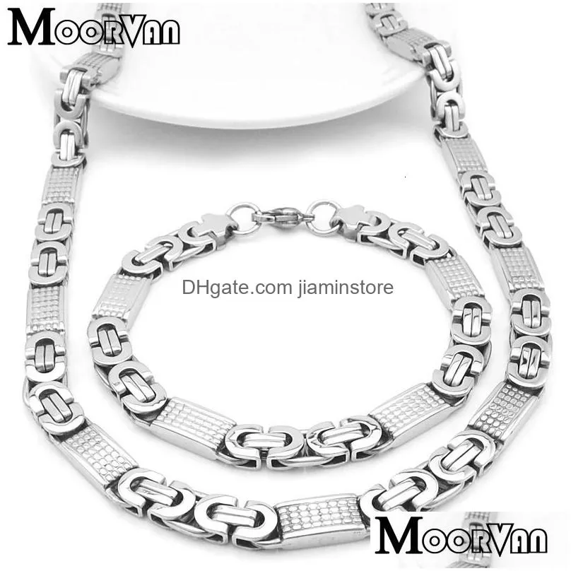 Wedding Jewelry Sets Moorvan Jewelry Set For Men Gift Cool Sier Color Chain Link Necklace Bracelet Man Fashion Style Square Shaped Vj Dhcjz