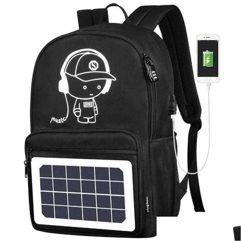 men backpacks solar cartoon anti-theft waterproof 14inches woman usb charging travel school bags for teenagers designer 0103