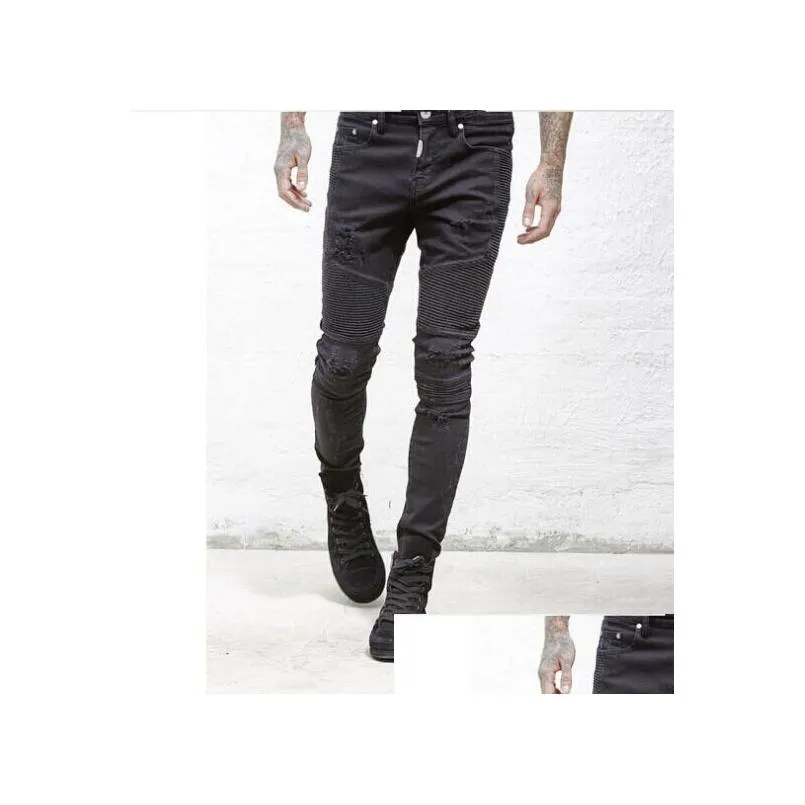 men`s jeans blue/black destroyed mens slim denim straight biker skinny pants men ripped jeans 28-38