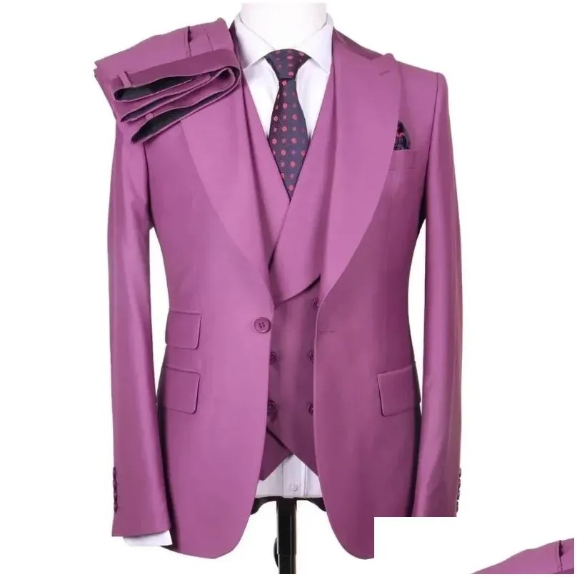 men`s suits italian purple blazer set 3 pieces dress for man men wedding groom slim fit business elegant formal social clothing