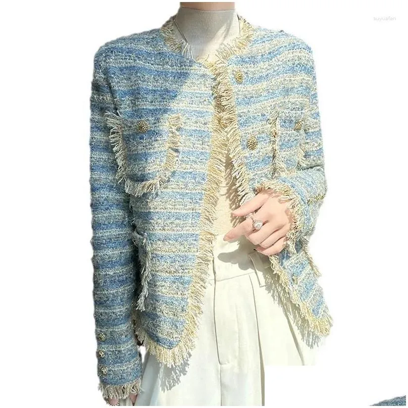 women`s jackets autumn winter casual loose fashion tweed coat female french elegant chic light blue pink tassel neck striped short