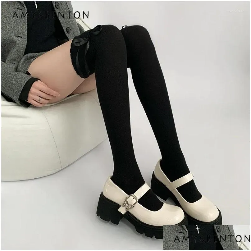 women socks preppy style sweet kawaii white knee high female autumn winter cute bow sexy stockings slim all-match y2k thigh