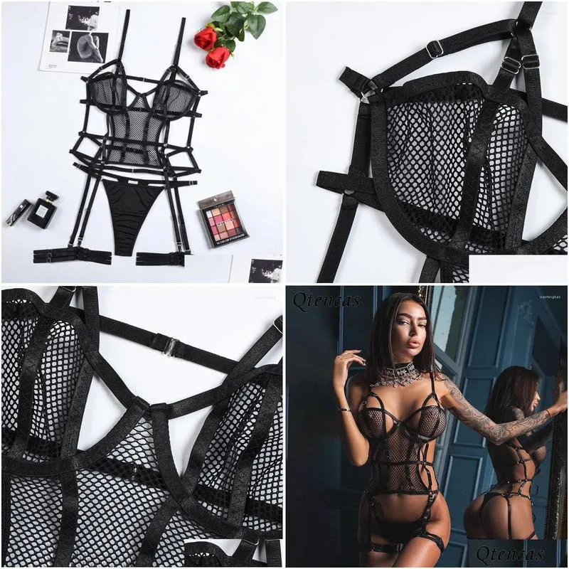 bras sets sexy erotic lace lingerie set bandage grid see through porn underwear women 3 piece bra thongs outfits sensual whore