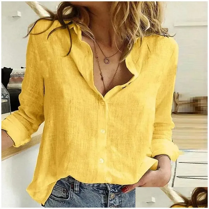 women`s blouses chamliforve autumn white yellow shirts button lapel cardigan top lady loose long sleeve oversized shirt womens