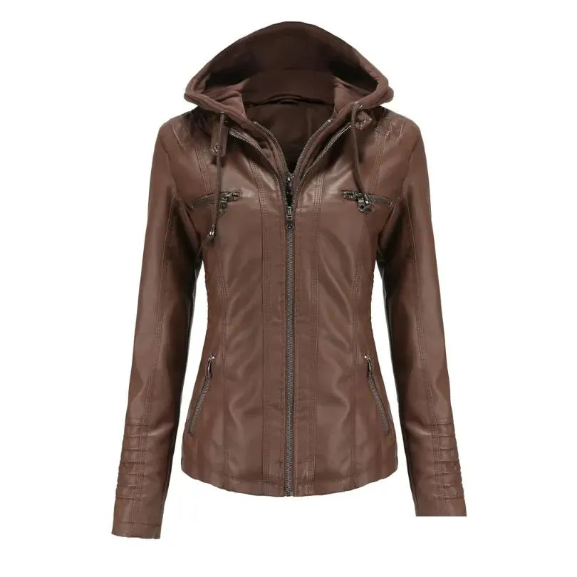 women`s leather s-4xl womens faux pu jacket spring autumn female coat hooded zipper two piece detachable ladies outerwear h80