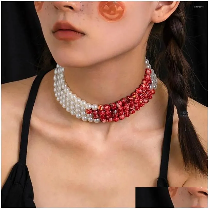choker halloween blood pattern pearl necklace for women fashion gothic multi-layer imitation short party jewelry gift