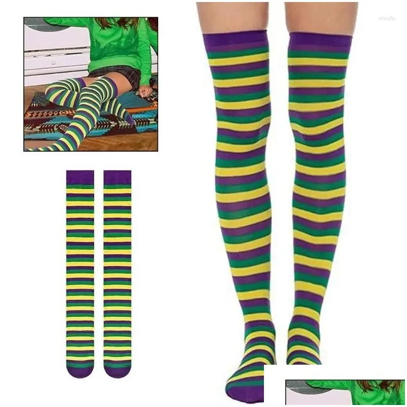 women socks mardi gras striped over knee thigh high long for carnival party