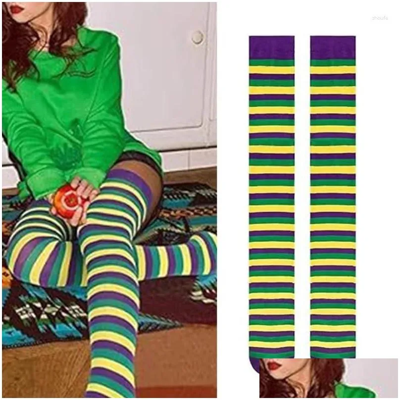women socks mardi gras striped over knee thigh high long for carnival party
