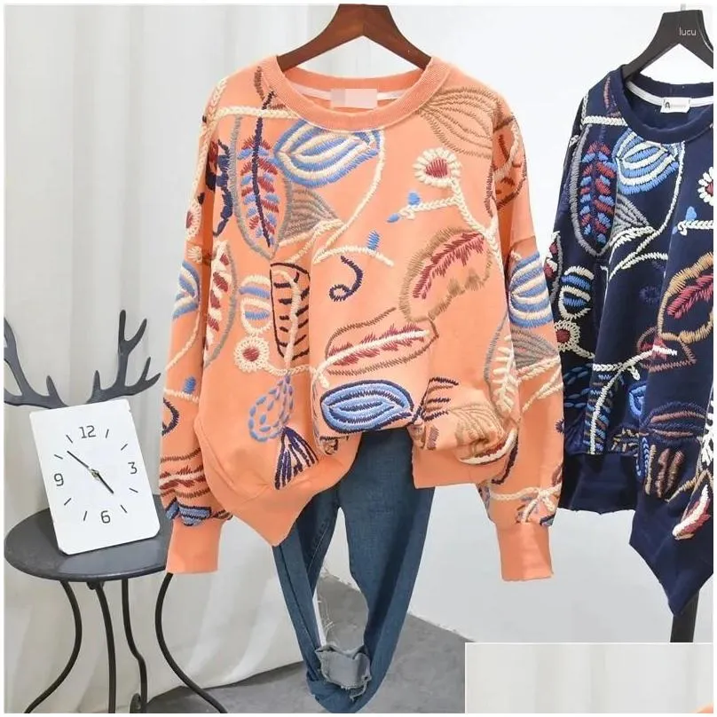 women`s hoodies embroidered flower lantern sleeves o-neck top autumn female clothes loose versatile sweet girl fashion