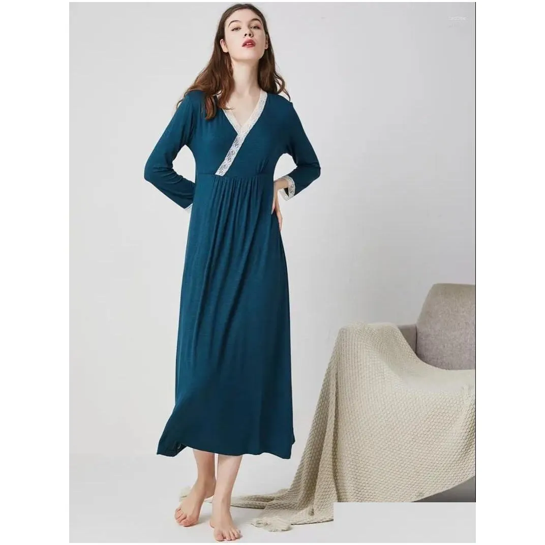 women`s sleepwear spring lace pajama dress long sleeve nightdress gown for women modal nightwear sweet home wear v-neck loungewear