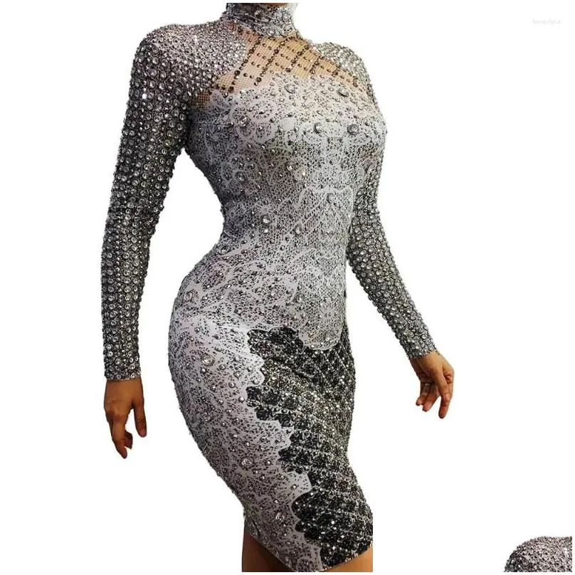 stage wear silver sparkling diamonds plaid knee-length long sleeve dress lady party evening costume hostess performance