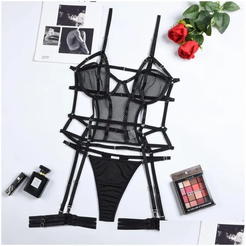 bras sets sexy erotic lace lingerie set bandage grid see through porn underwear women 3 piece bra thongs outfits sensual whore