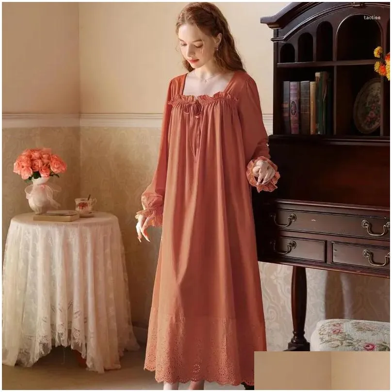 women`s sleepwear princess dress women nightgown cotton long sweet and comfortable home clothing girl sleeved orange color 2024 fg635