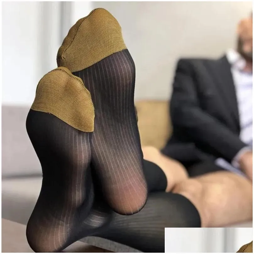 men`s socks men sexy ultra thin stripe sheer business formal office stockings middle sock breathable transparent solid stocks