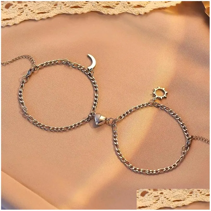 link bracelets 2pcs stainless steel non-fading hip-hop hand chain love magnet sun moon bracelet for couple girlfriend simple jewelry