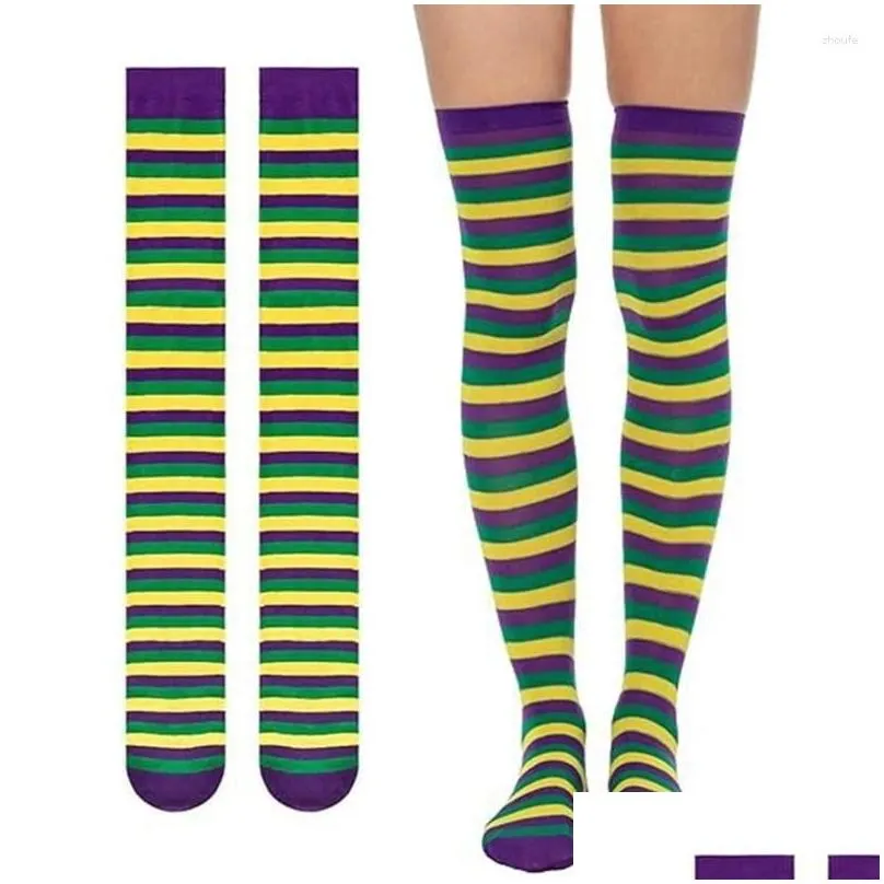 women socks mardi gras striped over knee thigh high long for carnival party