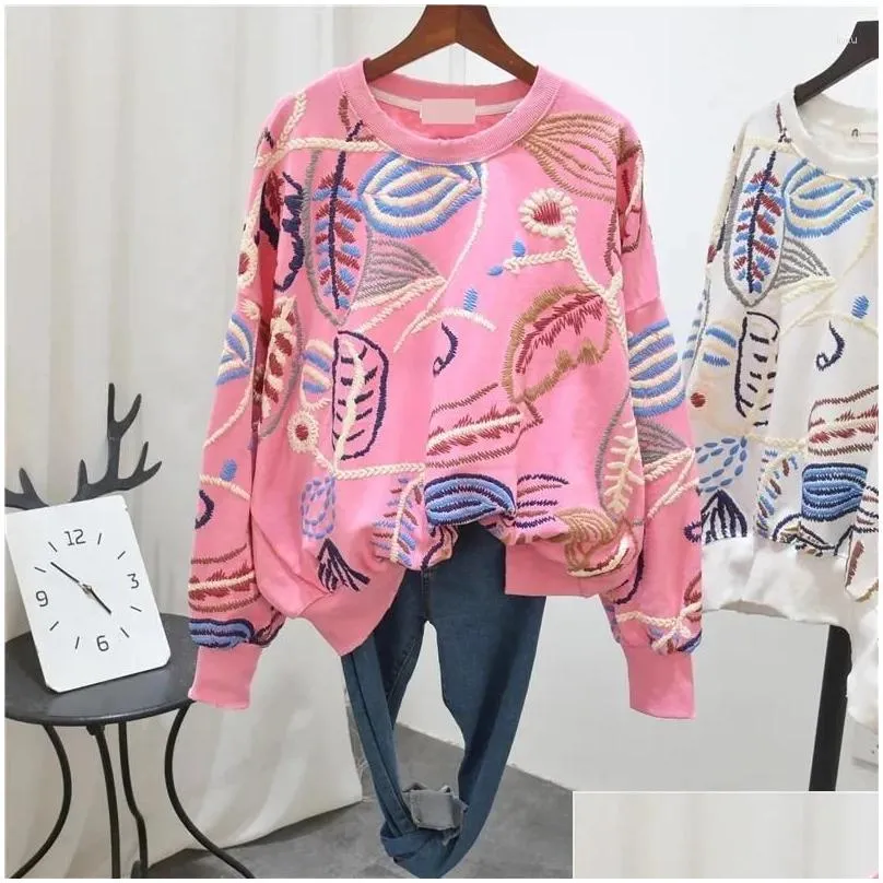 women`s hoodies embroidered flower lantern sleeves o-neck top autumn female clothes loose versatile sweet girl fashion