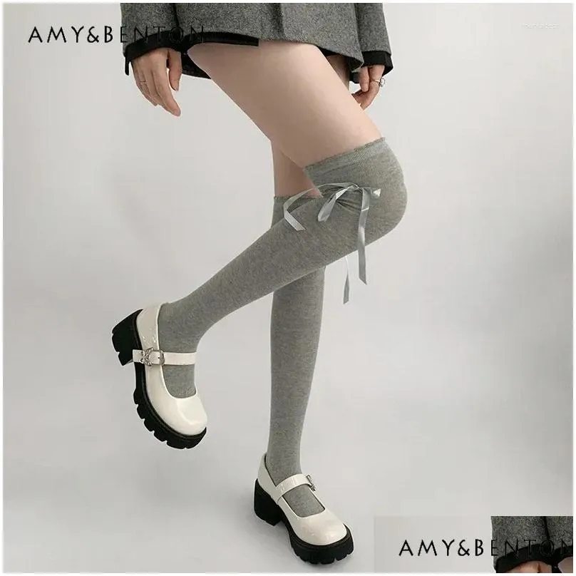 women socks preppy style sweet kawaii white knee high female autumn winter cute bow sexy stockings slim all-match y2k thigh