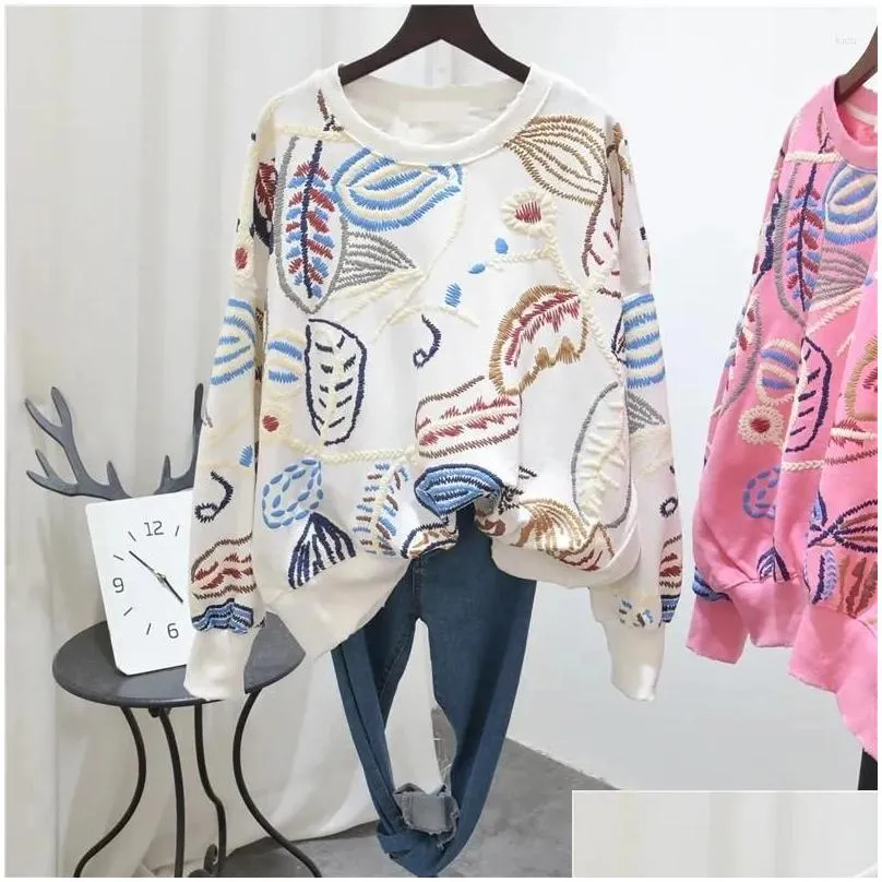 women`s hoodies embroidered flower lantern sleeves o-neck top autumn female clothes loose versatile sweet girl fashion